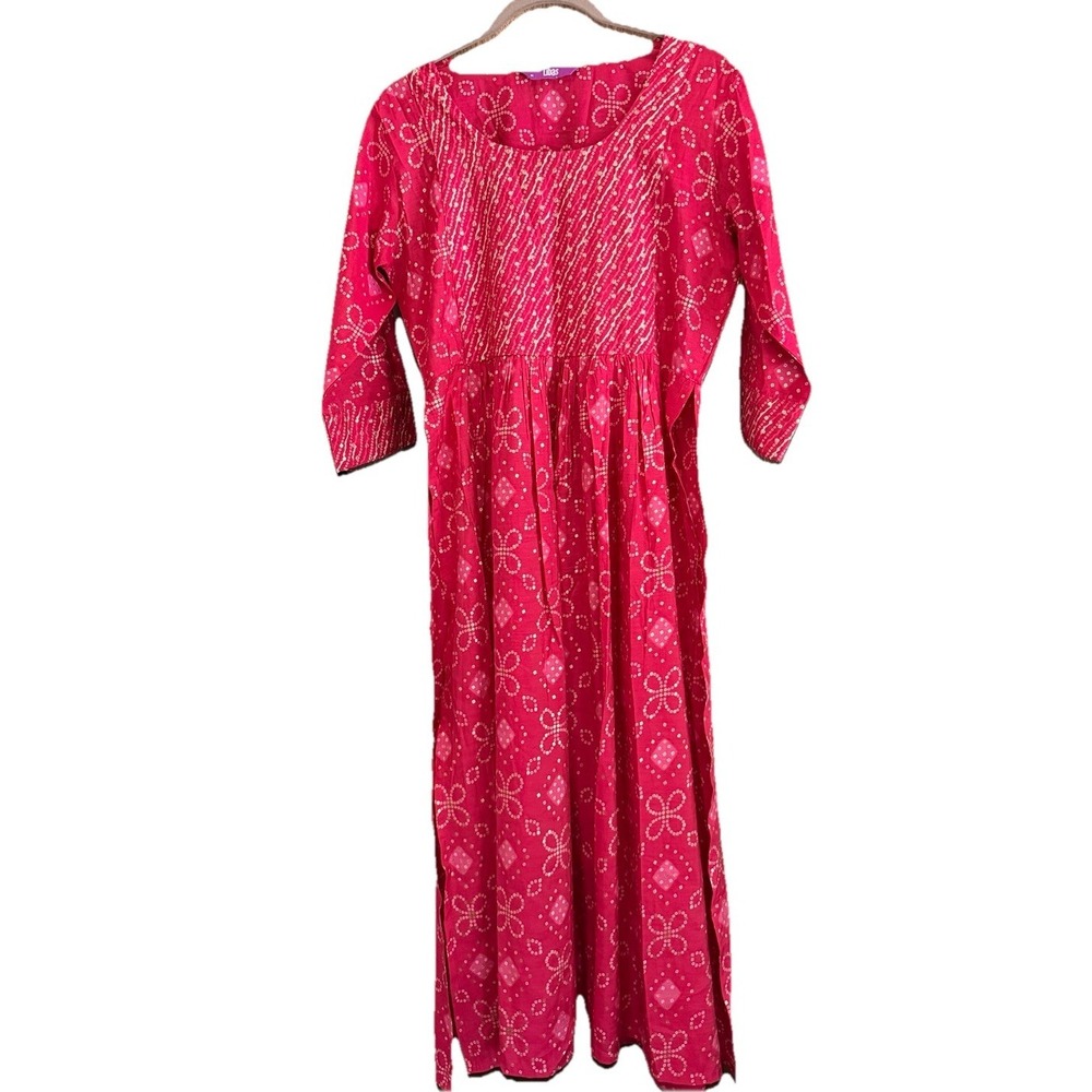 Red Pink Silk Blend Bandhani Print Kurti with Side Slits M Flowy India